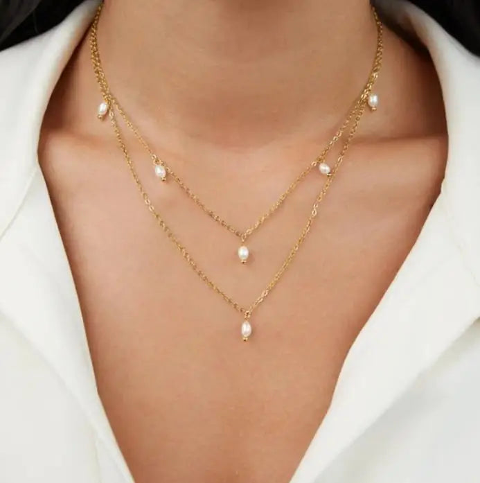2025 Women Fashion Jewelry 18K Gold Plated Stainless Steel Chain  Multi-layer Freshwater Pearl Charm Necklace Women Wholesale