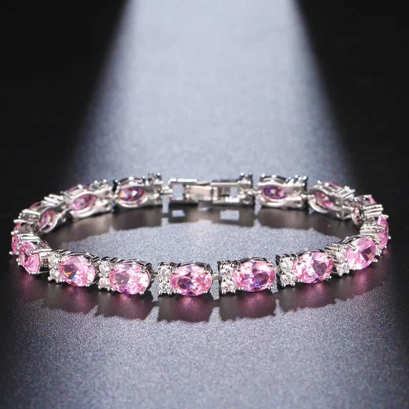 European American Oval Zircon Rhodium Plated Brass Trendy Women's Bracelet Multicolor Optional Jewelry Fashion Bridal Party Gift