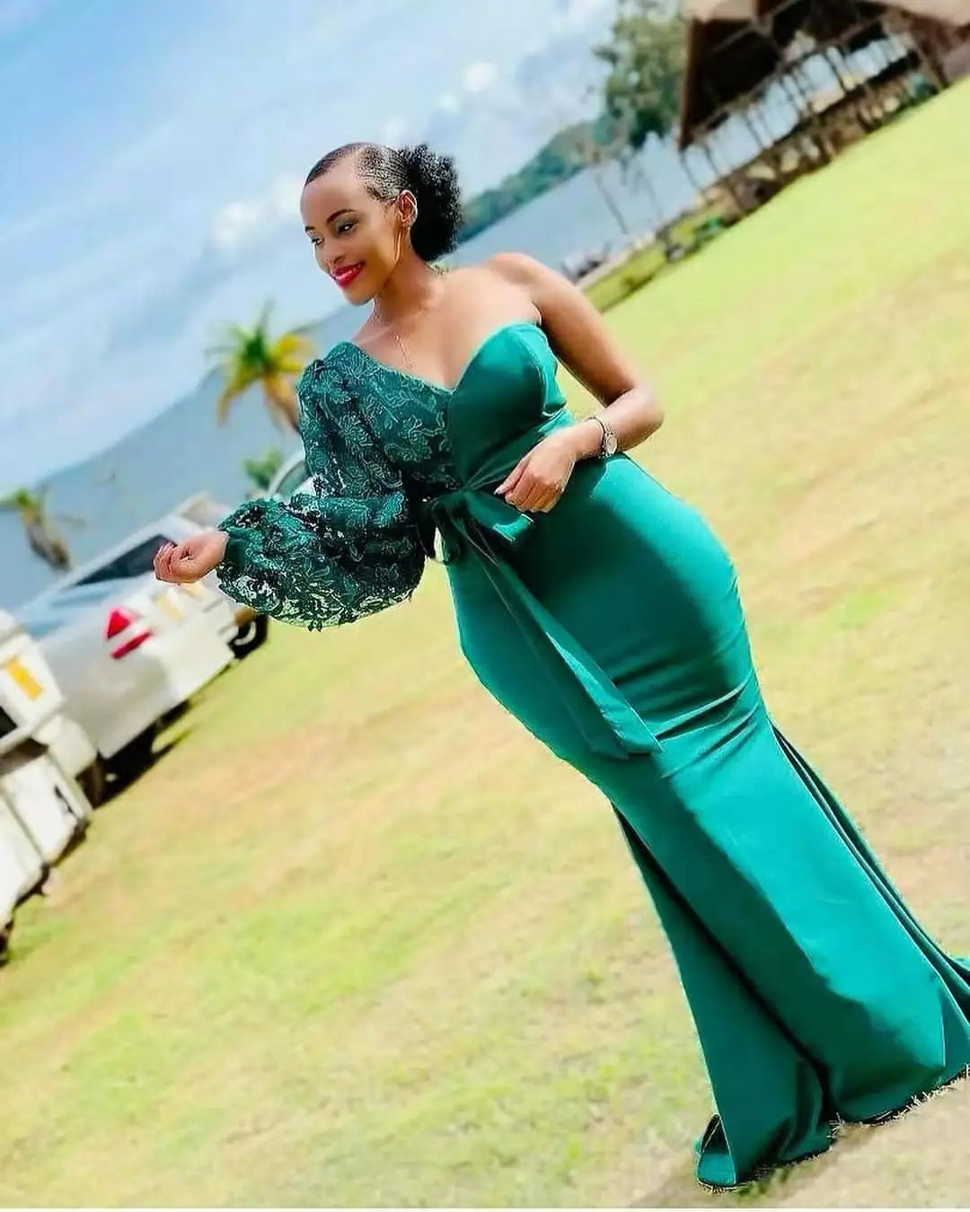Appliques African Maid of Honor Dress Formal Gowns One Shoulder Mermaid Single Sleeve Green Bridesmaid Dresses MB28