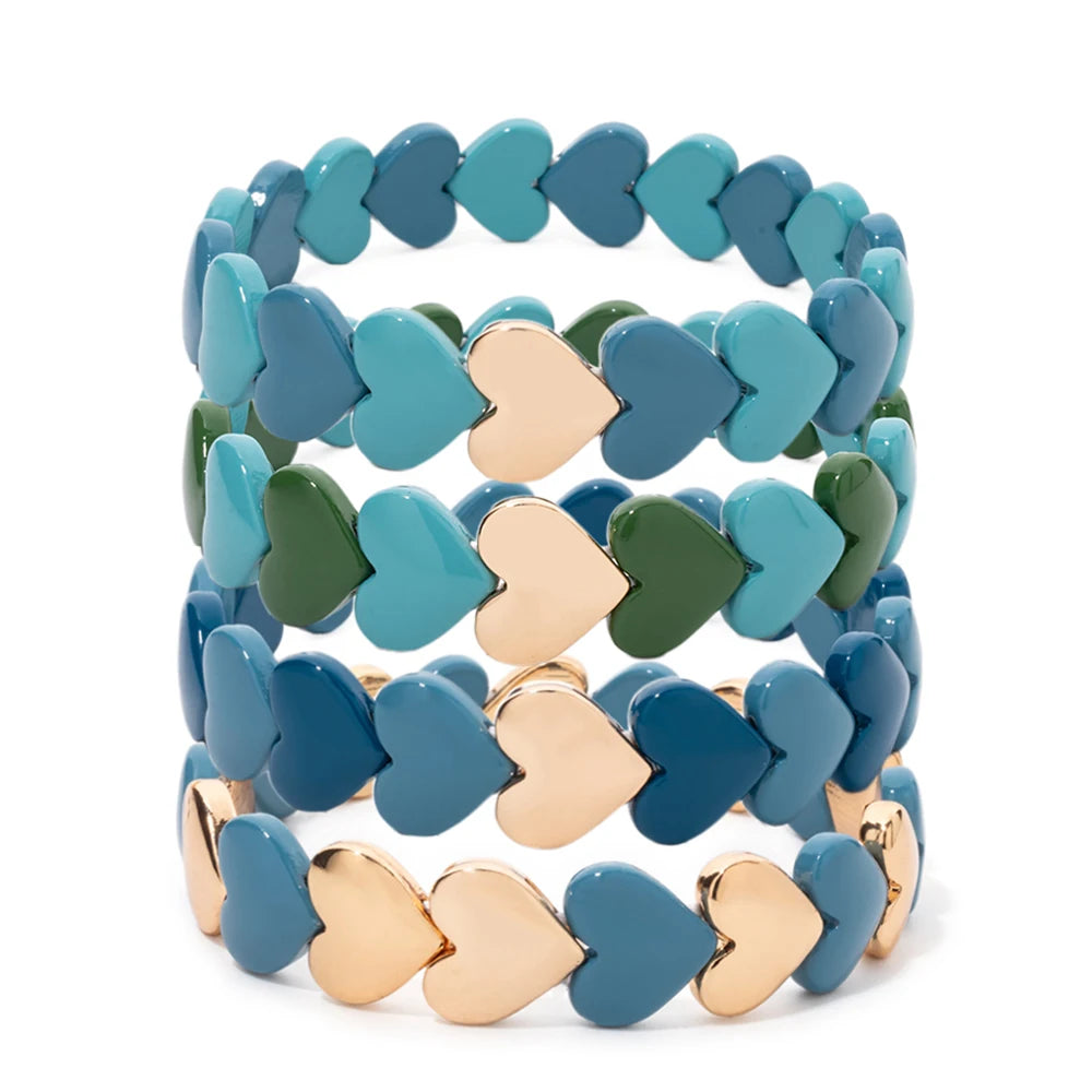 Wholesale Enamel Plated Fashion Colorful Women Tile Heart Beaded Stretch Bracelet for Women