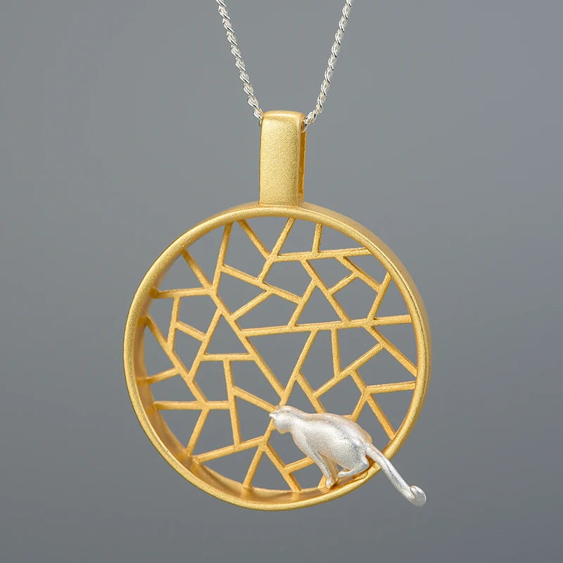 Lotus Fun Handmade 925 Sterling Silver Jewelry  Hollow Pendant Cat Playing the Window Pendant for Women Fine Jewelry for Women