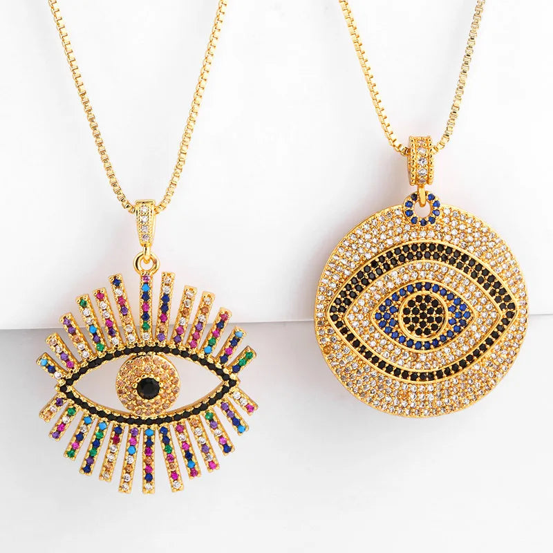 Luxury 18K Gold Plated Stainless Steel Full Rainbow Coloful Bling Bling Zircon Evil Eye Pendant Necklace Jewelry for Woman