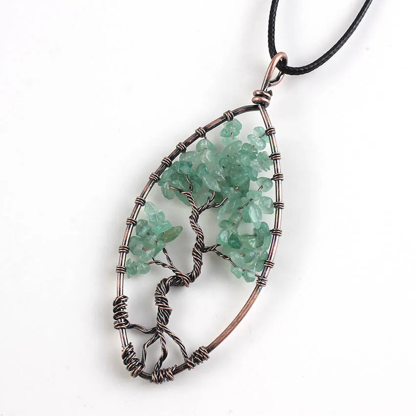 Hongzhuo Natural Reiki Chakra Tree of Life Green Aventurine Wire Wrapped Healing Crystal Pendant Necklace Healing Crystals Jewelry