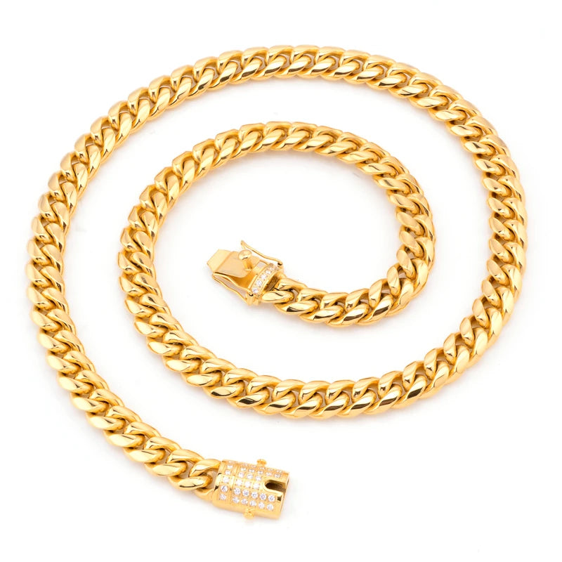 Stainless Steel Real Gold Plated 14k Luxury Iced Out Crystal Miami Cuban Link Chain  Necklace for Women Men