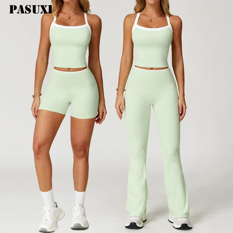 PASUXI New Women's High Compression Sports Fitness Yoga Wear 2 Piece Sets Gym Sports Bra Soft Flared Yoga Pants Set