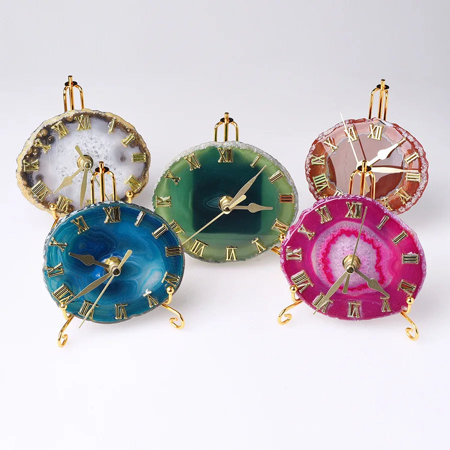 Beautiful Luxury Crystal Crafts Agate Stone Slices Desk Clock for Home Decoration