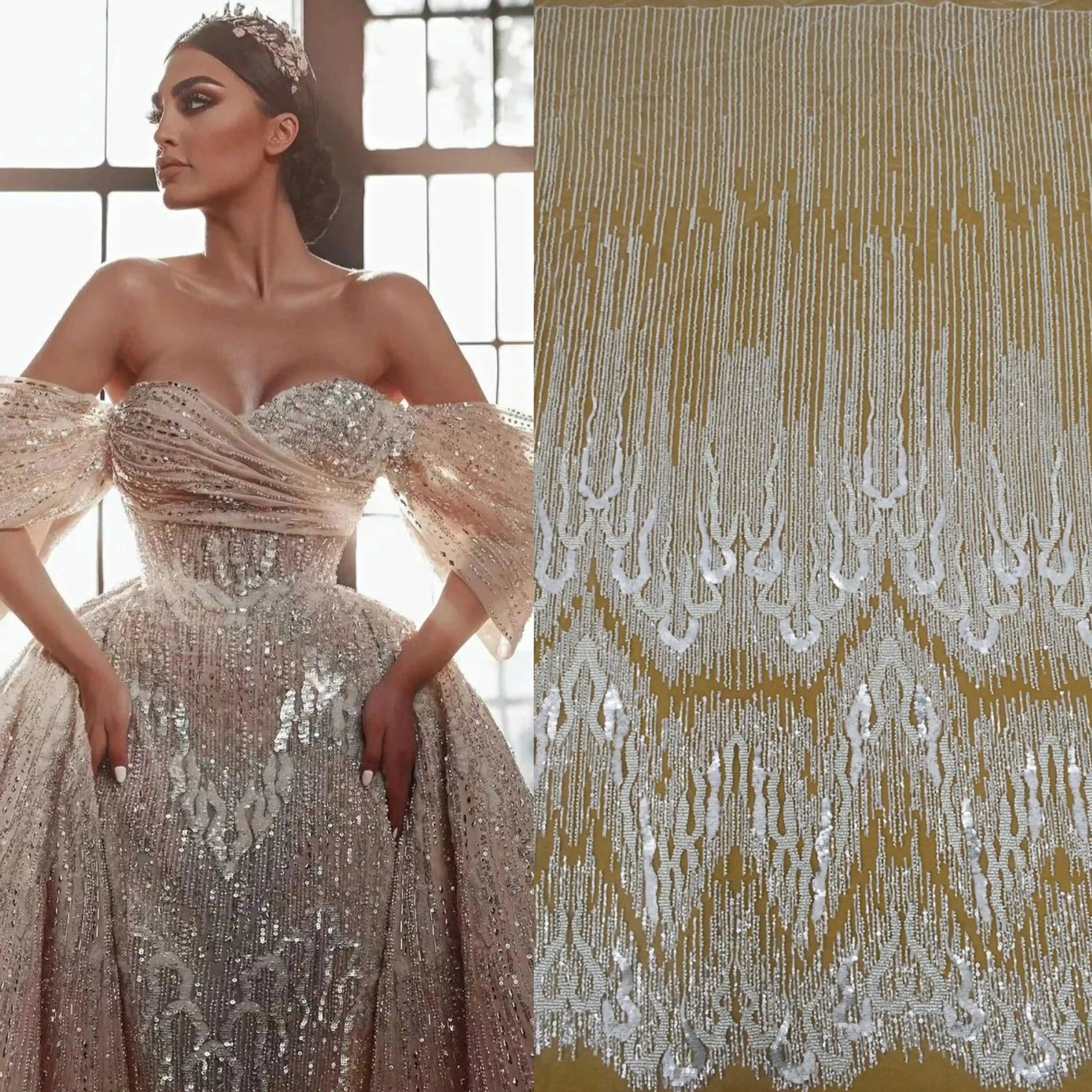 2023 Hot Luxury Heavy White French 3d Beaded Embroidery Sequins Lace Bridal Wedding African Dress HY2089