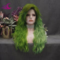 Celebrity Green Ombre Color Glueless Full Machine Wig Heat Resistant Fiber for Cosplay Drag Queen