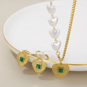 Stainless Steel Green Zircon Peach Heart Pendant Chain Splicing Pearls Necklace Earring Set Romantic Party Wedding Jewelry Gift