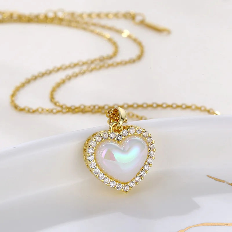18k Gold Plated Stainless Steel Love Heart Necklace Romantic Cubic Zircon Shell Heart Necklace for Valentines Gift