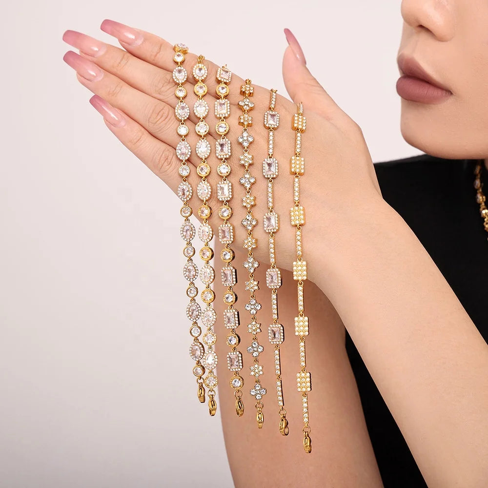 Light Luxury Stainless Steel PVD 18k Gold Plated Handmade Geometric Super Shiny Zircon Inlay Tennis Chain Bracelet for Women