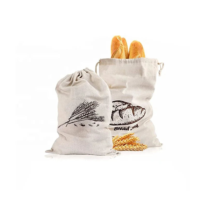 Beeswax Cotton Bunched Bread Bag Custom Reusable for Drawstring Linen Bread Bag Screen Printed