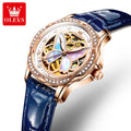 OLEVS 6615 Classic Mechanical  butterfly Dial Round Wristwatches Waterproof Leather Strap Ladies Bracelet Blue Mechanical Watch
