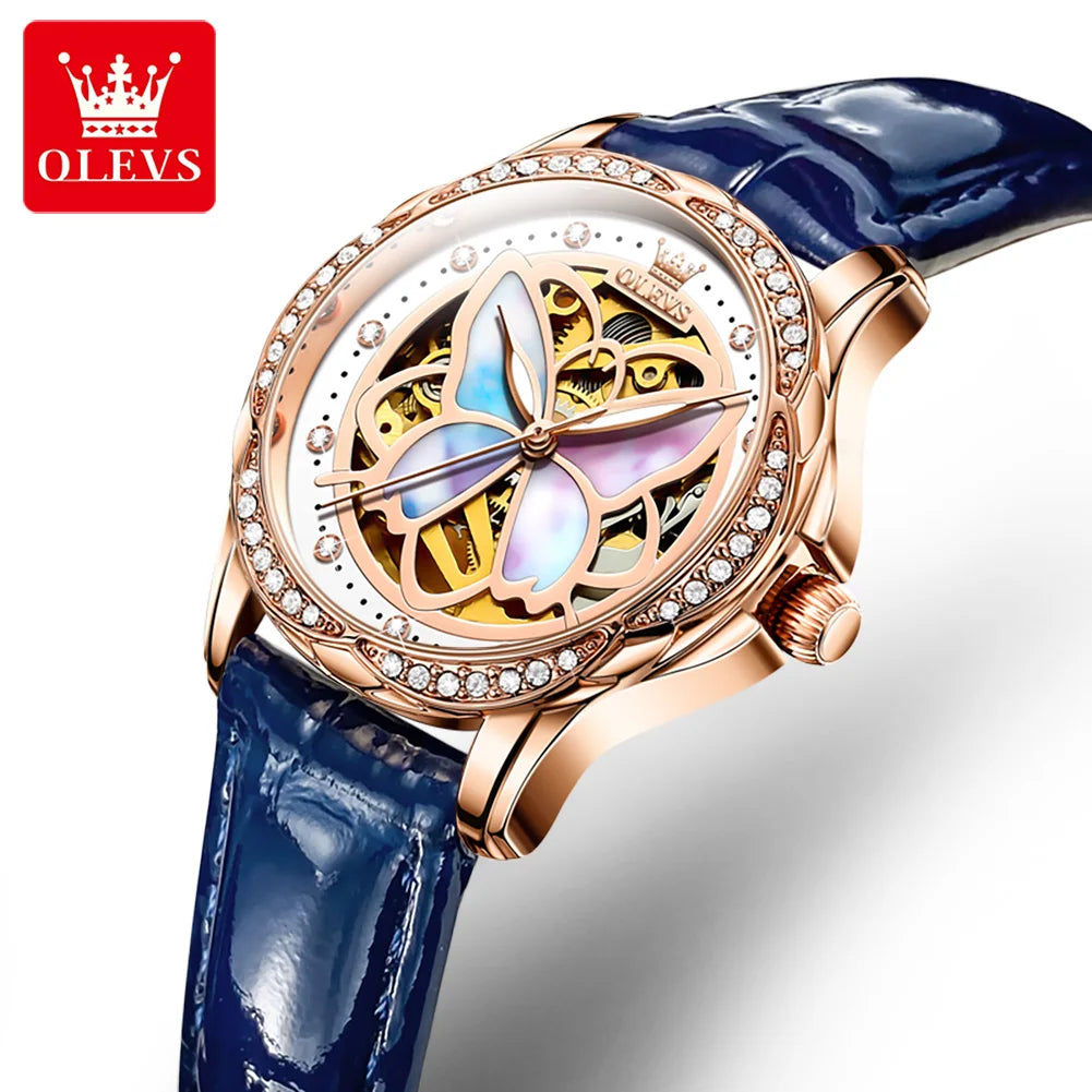 OLEVS 6615 Classic Mechanical  butterfly Dial Round Wristwatches Waterproof Leather Strap Ladies Bracelet Blue Mechanical Watch