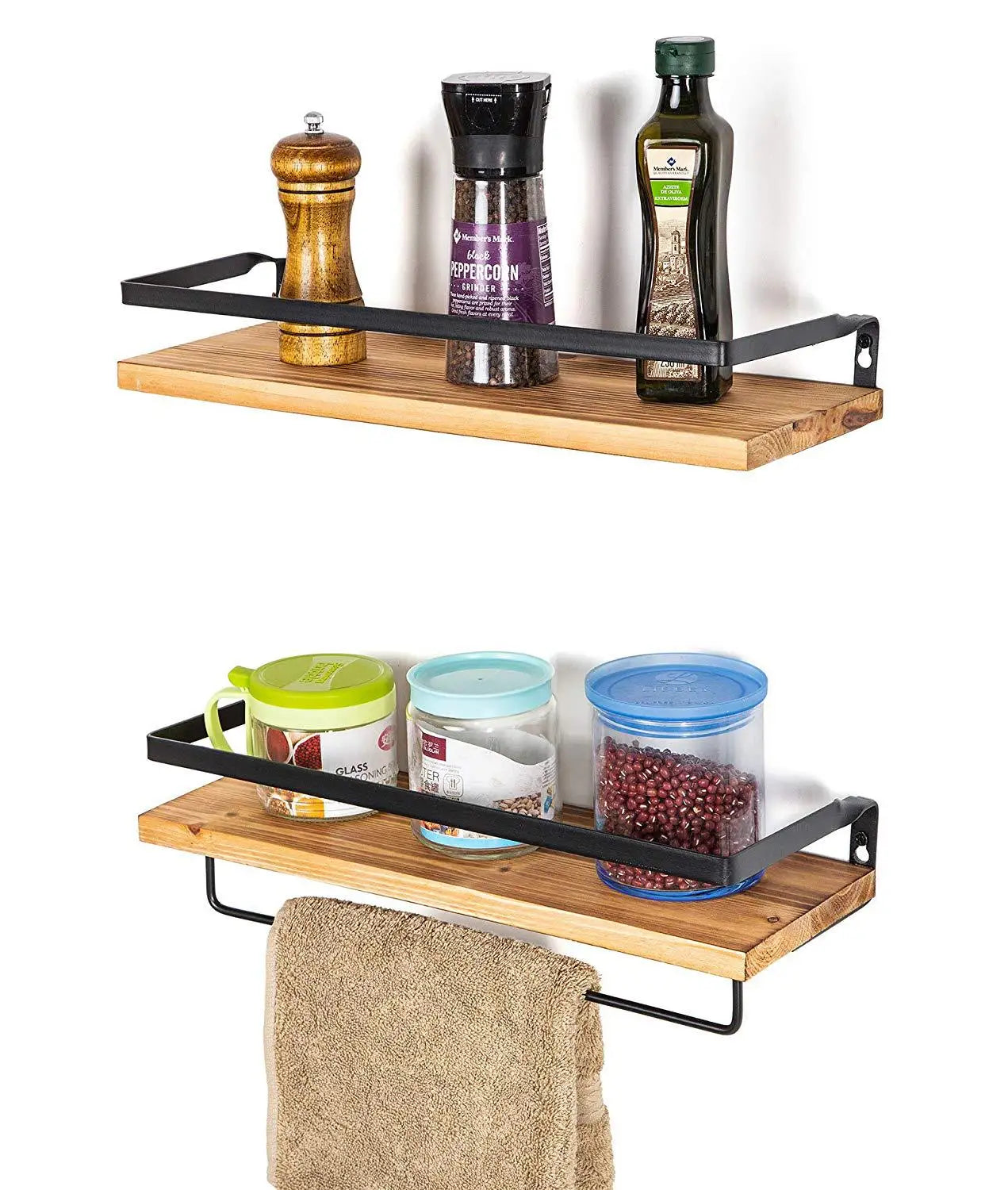 Set of 2  Rustic Wood Bathroom Wall Mounted Wooden Wall Shelves Kitchen Floating Wall Shelf for Home Decor