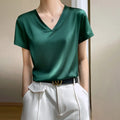 2023 Summer Basic Solid Women's T-shirts V-neck Short Sleeve Tees Tops Satin Silk Elegant Thin Shirts for Female