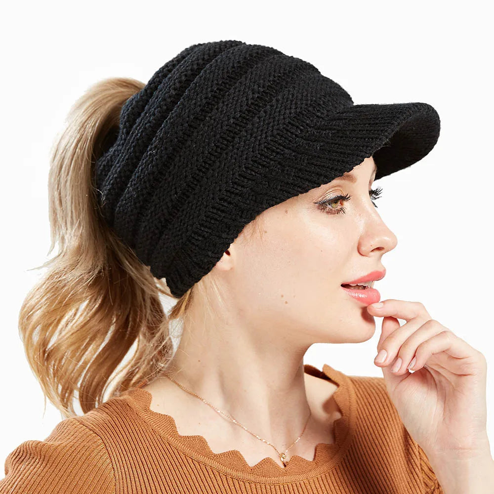Fashion Soft Knit New Winter Autumn Hat Women Girls Stretch Crochet Ponytail Beanie Hats With Visor