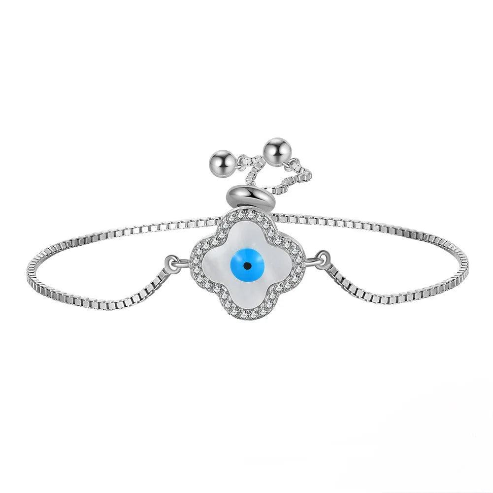 ACME 925 Silver Lucky Blue Shell CZ Paved Adjustable  Clover  Eyes Bracelet  Anniversary Birthday Gifts for Women Chain