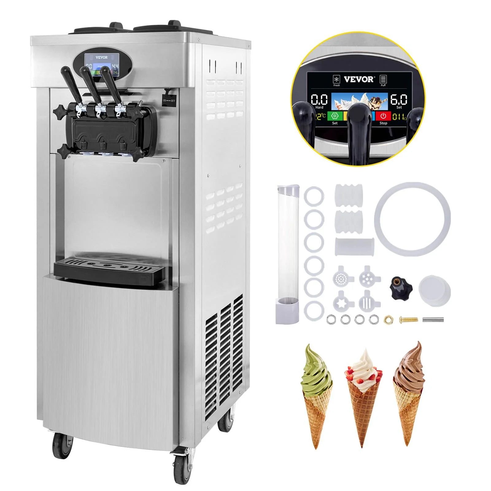 EU US Warehouse Ready Stock 2200W Commercial Soft Ice Cream Machine 3 Flavors PreCooling at Night Auto Clean LCD Panel
