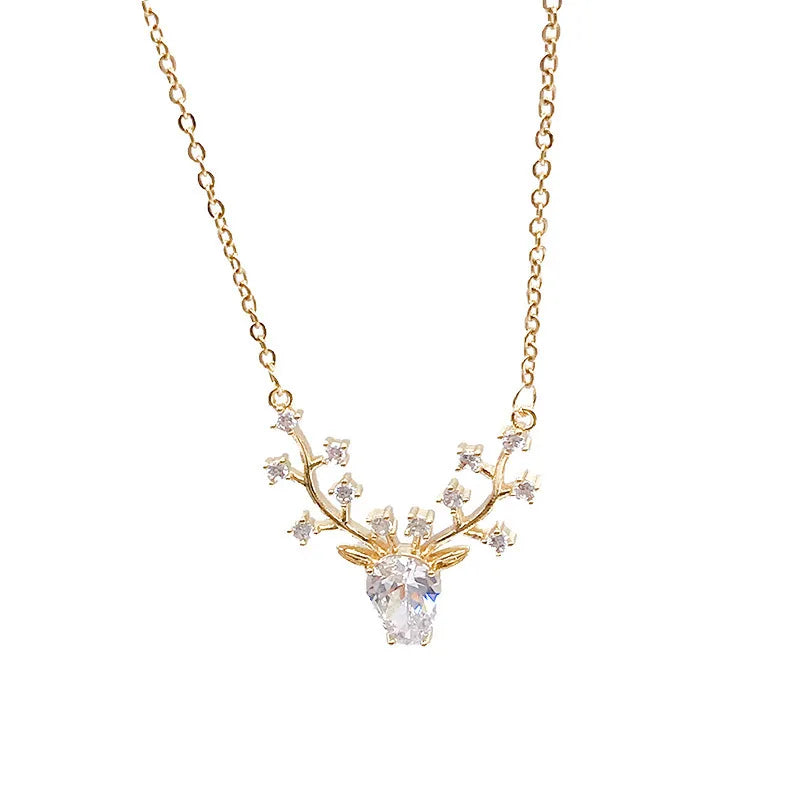 AA016223 Wholesale Fashion Women Choker Necklace Jewelry Deer Antler Crystal Zircon Stainless Steel Deer Necklace