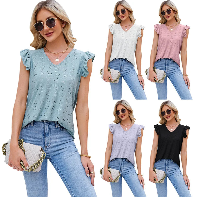 S-XXL European and American New Spring and Summer Solid Lace Panel Hollow V-neck T-shirt Casual Top