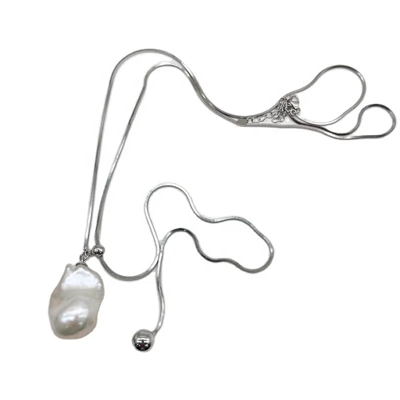 Autumn/Winter S925 Sterling Silver Long Sweater Chain Pull High Touch Freshwater Baroque Pearl 16-17mm Pendant Necklace for