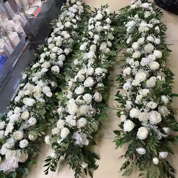 A1673 Wholesale Aisle White Silk Rose Flower Row Arrangement Party Decorative Artificial Wedding Table Flower Runner for Wedding
