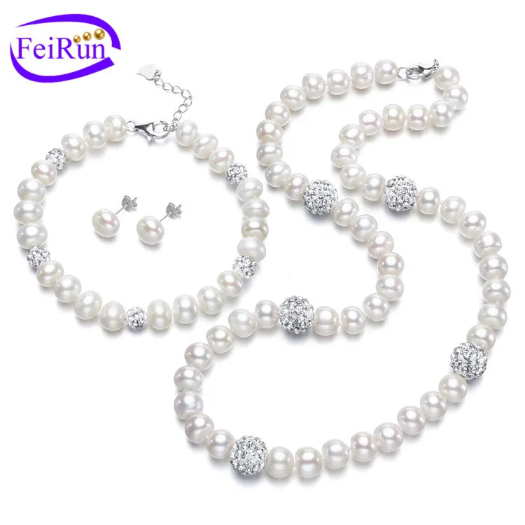 FEIRUN 8mm 3A Button Round Women Real Natural Freshwater Pearl Sterling Silver Jewelry Set