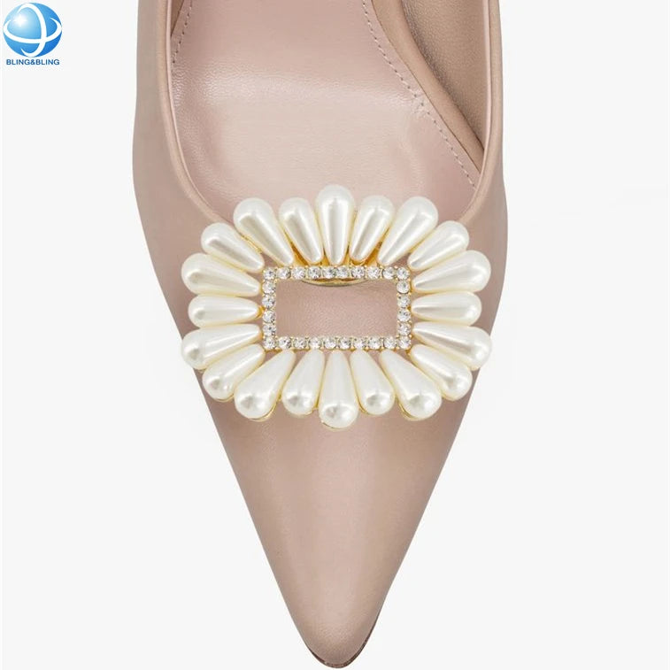 Elegant Gold Silver Square Ivory Pearl Shoe Clip Removable Crystal Shoe Buckle Brooch for Ladies Wedding Party Dating Shoe Decor