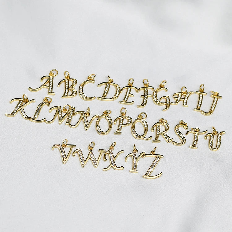 CZ9015 Popular Hot Sale Chic 18k Gold Plated CZ Pave Script Cursive Alphabet Initial Letter Charms Pendants