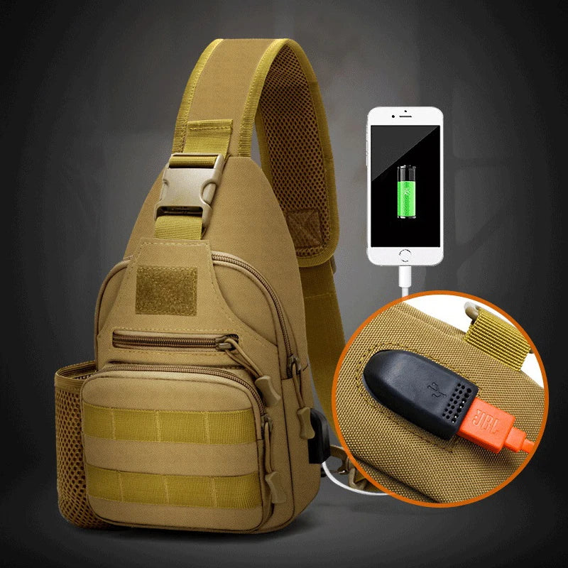 Fashion Polyester Crossbody Messenger Bag with USB Charging Outlet Outdoor MOLLE Tactical Sling Shoulder Bag