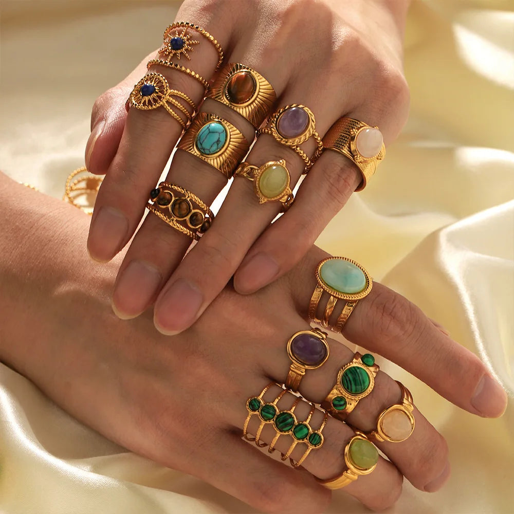 DAIHE Geometric Emerald Stone Colored Natural Stone Stainless Steel 18k Gold-Plated Ring