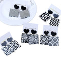 Vintage Fashions Square Black White Smile Flower Heart Clay Buffalo Studs Heart Drop Dangle Checkered Pattern Studded Earrings