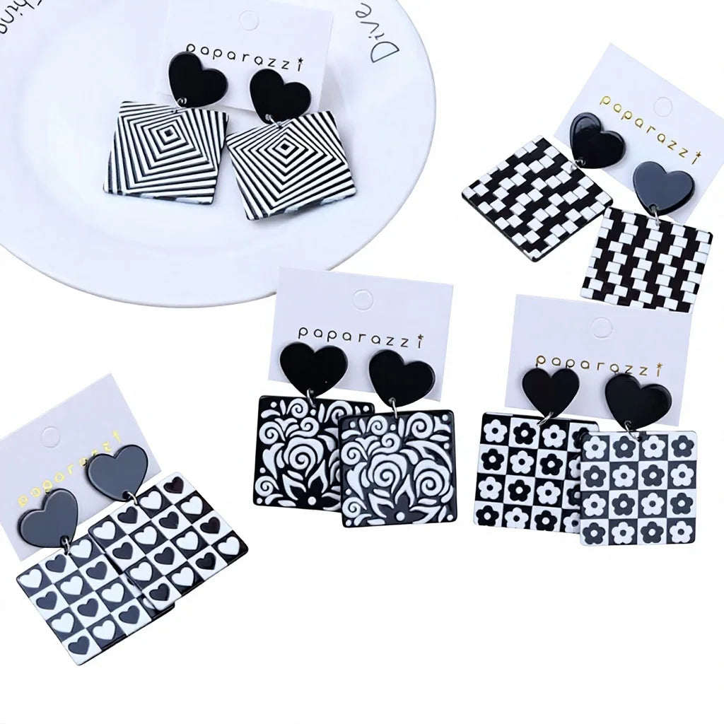 Vintage Fashions Square Black White Smile Flower Heart Clay Buffalo Studs Heart Drop Dangle Checkered Pattern Studded Earrings