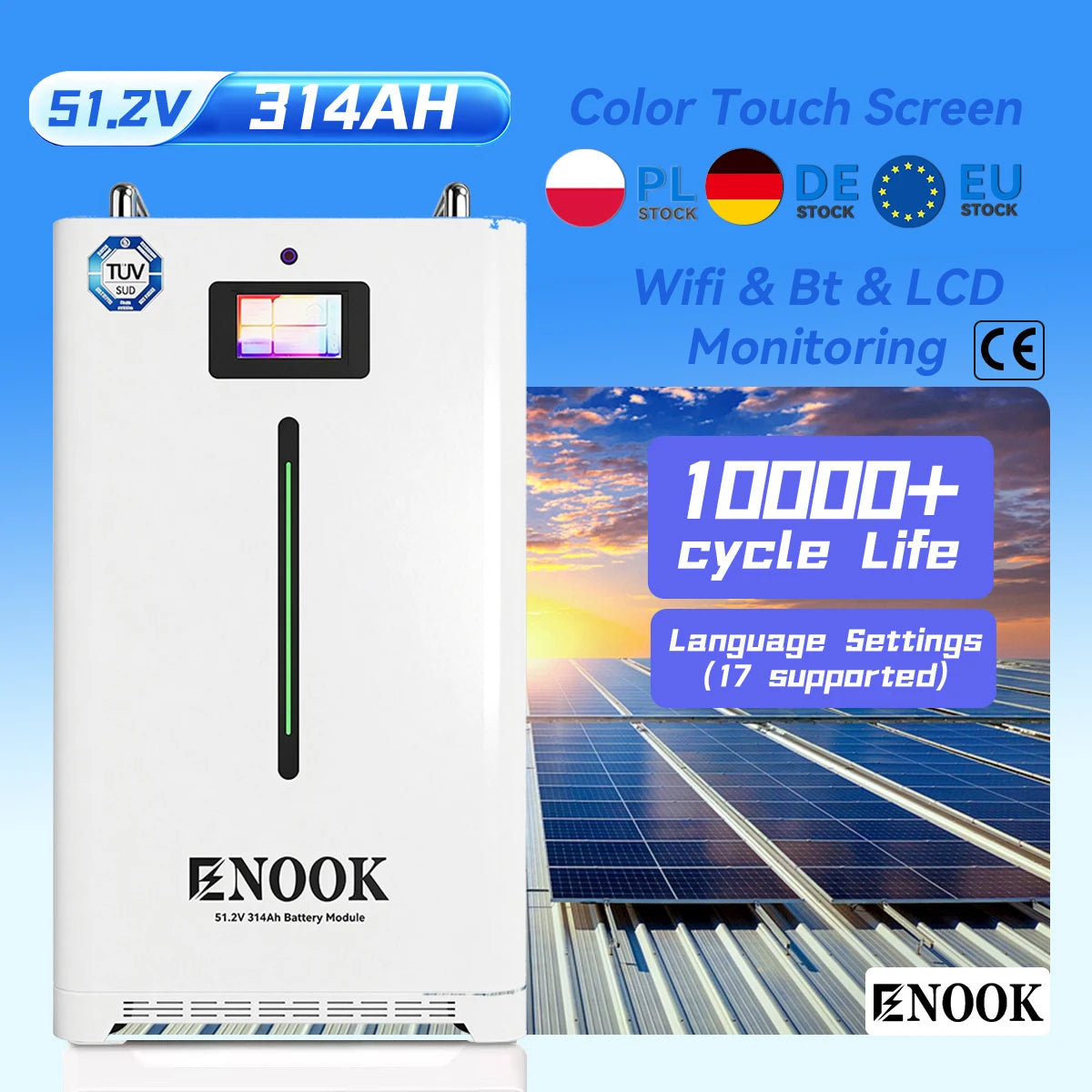 Enook Eu Stock Solar Renewable Energy System EVE 51.2V 300ah 16KWh Lithium Ion LiFePO4 Battery Pack Boxes Racks for Home Storage