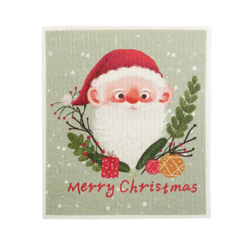 Santa Claus  Printed Pattern Absorbent Cleaning Towel Kitchen Swedish Dishcloth Cellulose Sponge Dish Cloths