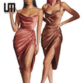 Liu Ming Hot Selling Women Sexy Elegant Sling Clothing High Slit Midi Dress