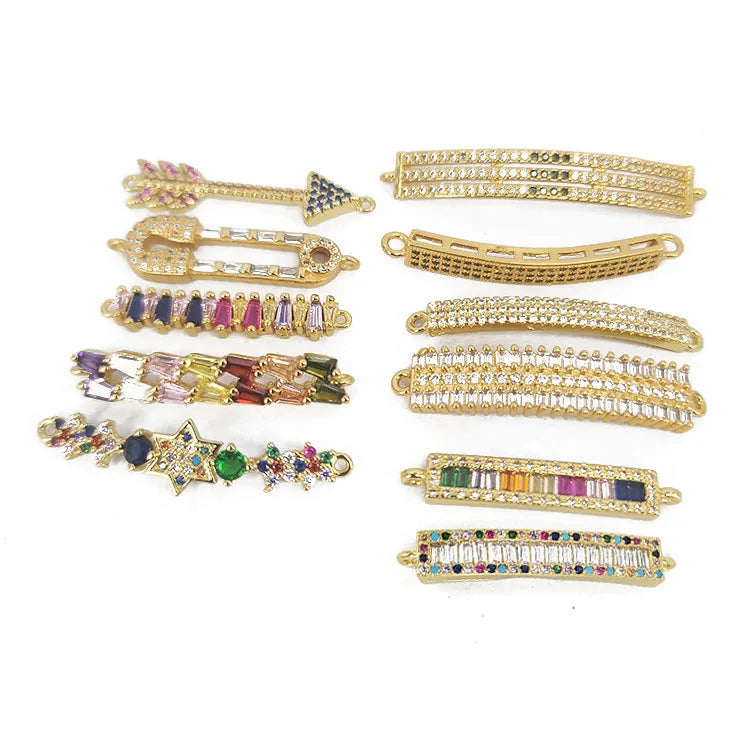 CZ8520 2 Loops Rainbow CZ Diamond Crystal Baguette Tennis Long Stick Bar Links Charm Connectors for DIY Jewelry Bracelet Making