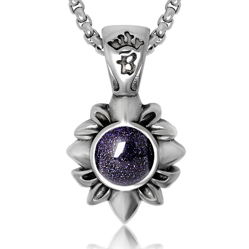 Amethyst Gemstone Designer Beautiful India Craft Blue Sandstone Stainless steel Flower Pendant for Lover Valentine's Gift