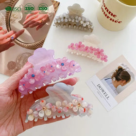 BSCI Factory YHJ Wholesale Custom Women Hair Claw Clips Light Luxury Vintage Flower Rhinestone Acetate Claw Clips Hair Claw