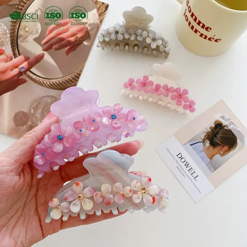 BSCI Factory YHJ Wholesale Custom Women Hair Claw Clips Light Luxury Vintage Flower Rhinestone Acetate Claw Clips Hair Claw