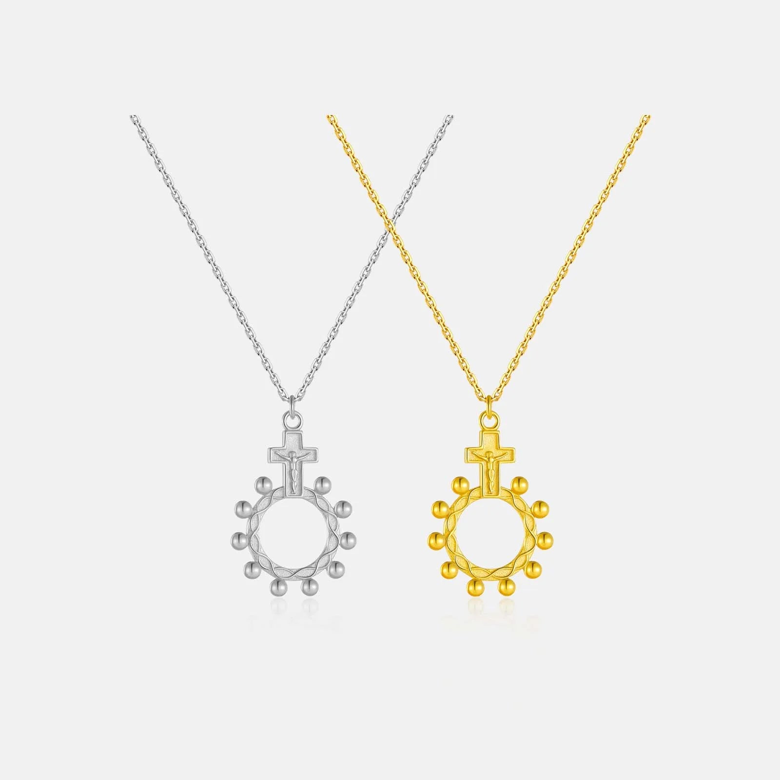 FUAMAY Fashion Gold Plated 925 Sterling Silver Punk Cross Bead Circle Necklace Minimalist Gold Beads Rosary Necklace