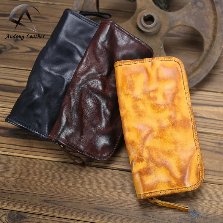 Vintage Fashion Genuine Cow Leather Men's Long Wallet Business Casual Handmade Men Phone Purse Cowhide Clutch Pocket Bag Wallets