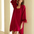 S-2XL Feather Morning Robe Bridesmaid Bridesmaid Wedding Wedding Thin Satin Red Chiffon Pajamas Nightgown Bathrobe