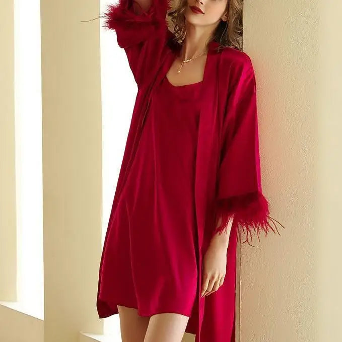 S-2XL Feather Morning Robe Bridesmaid Bridesmaid Wedding Wedding Thin Satin Red Chiffon Pajamas Nightgown Bathrobe