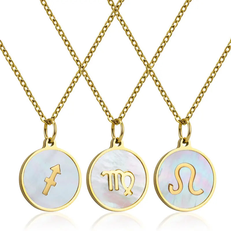 316 Stainless Steel Zodiac Symbol Letter Necklace Round Natural Shell Initial Pendant Necklace