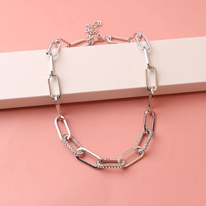 2022 Men's Customizable Short Silver Link Chain Necklace Classic Style Adjustable Alloy Jewelry Chunky Crystal for Parties Gifts
