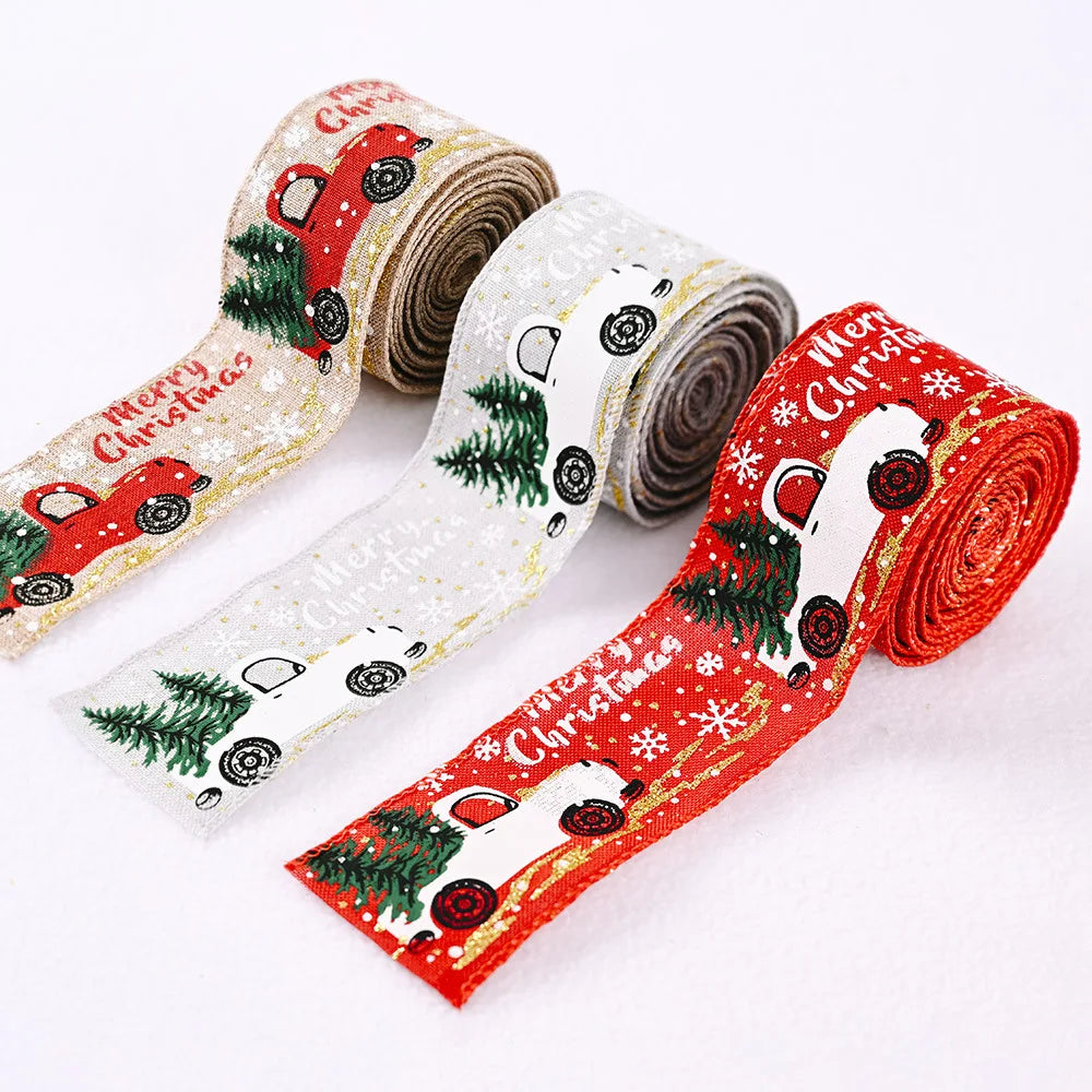 Ychon Christmas Wired Linen Type Cloth Grosgrain Ribbon Set 5m for Gift Wrapping