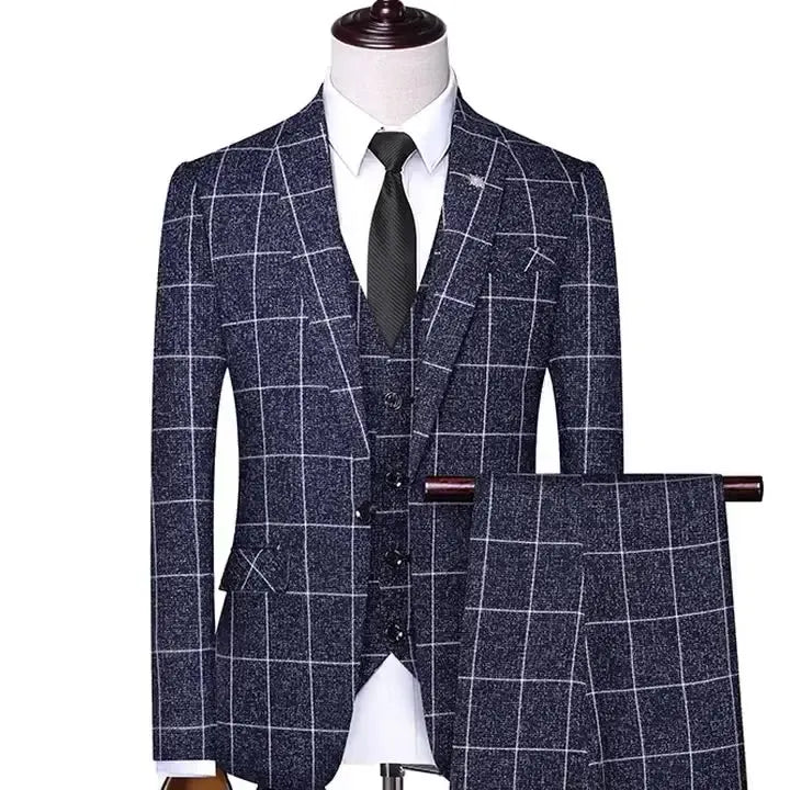 High Quality Men's Plaid Suit Fit Comfortable Soft Business Single Breasted Three Piece Suit