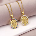 Popular Iridescent Zircon Virgin Mary Necklace Vintage Gold Brass Religious Medal Pendant Necklace for Women Men